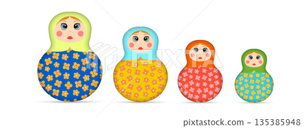 Russian Matryoshka. Traditional Russian folklore dolls with big eyes and lips. Babushka doll with hohloma, traditional painted floral pattern. Set with hand drawn vector illustration 135385948