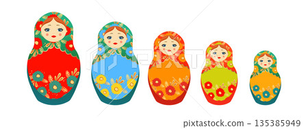 Russian Matryoshka. Traditional Russian folklore dolls with big eyes and lips. Babushka doll with hohloma, traditional painted floral pattern. Set with hand drawn vector illustration Russian Matryoshka. Traditional Russian folklore dolls with big eyes and lips. Babushka doll with hohloma, traditional painted floral pattern. Set with hand drawn vector illustration 135385949