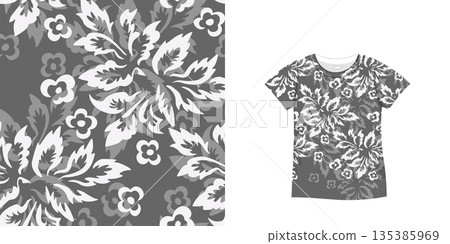 T-shirt with floral pattern. Women jersey, sport uniform kit, short fashion top, round neck blouse. Sketch Illustration. Template mock up 135385969
