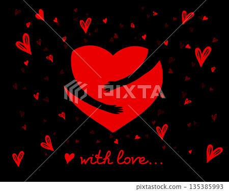Happy Valentine's Day. Hands hug the heart. Hand drawn. Not AI, vector illustration. 135385993