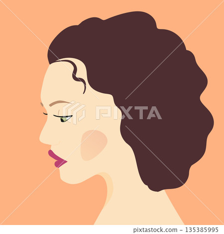 Portrait of a fashion woman. The head in profile of a European brunette woman. Face of girl. Flat design for for landing page, banner, social Media Avatar. Color vector illustration Portrait of a fashion woman. The head in profile of a European brunette woman. Face of girl. Flat design for for landing page, banner, social Media Avatar. Color vector illustration 135385995