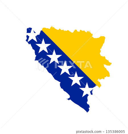 Map of Bosnia and Herzegovina with flag, sign silhouette. Bosnian national symbol in official colors. Template icon. World Map Globe. Vector Illustration isolated on white background. Europe continent Map of Bosnia and Herzegovina with flag, sign silhouette. Bosnian national symbol in official colors. Template icon. World Map Globe. Vector Illustration isolated on white background. Europe continent 135386005