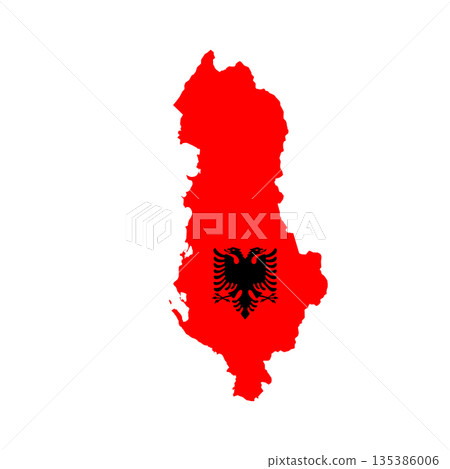 Map of Albania with flag, sign silhouette. World Map Globe. Albanian national symbol in official colors. Template icon. Vector Illustration isolated on white background. Europe continent Map of Albania with flag, sign silhouette. World Map Globe. Albanian national symbol in official colors. Template icon. Vector Illustration isolated on white background. Europe continent 135386006