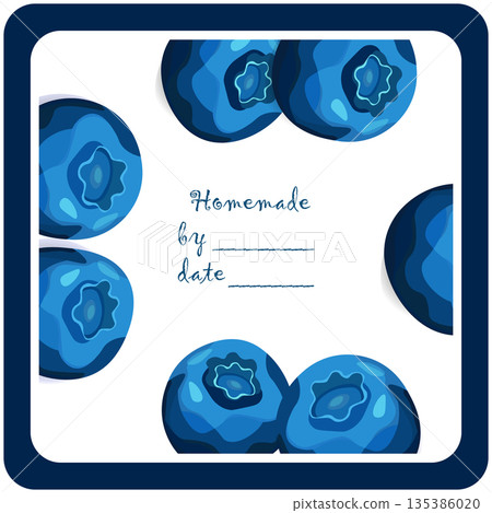 Template jam label design. Retro homemade label. Blueberry marmalade dessert product. Doodle vector illustration Template jam label design. Retro homemade label. Blueberry marmalade dessert product. Doodle vector illustration 135386020
