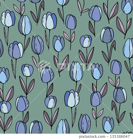 Floral colorful vector illustration with tulips. Simple minimalistic pattern with nature elements. Vector illustration for fabric, textile, poster, invitation. Trendy hand drawn textures 135386047