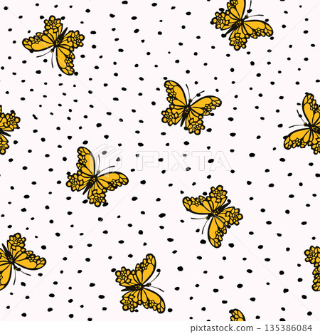 Seamless pattern with funny colorful Butterflies, flowers. Color flat vector illustration for invitation, poster, card, textile, fabric. Butterfly graphic design print. Trendy animal motif wallpaper 135386084