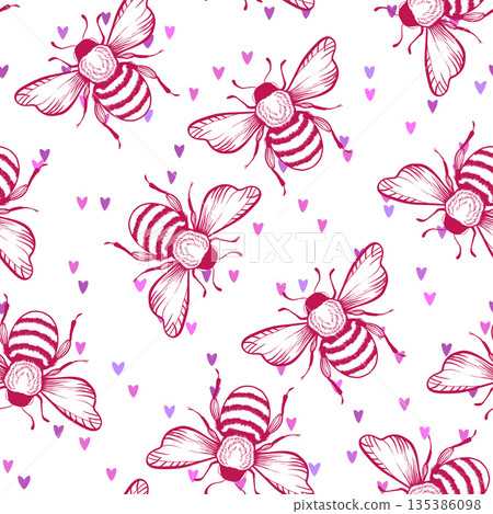 Seamless pattern with bees on floral background. Small wasp. Vector illustration. Adorable cartoon character. Template design for invitation, cards, textile, fabric. Doodle style 135386098