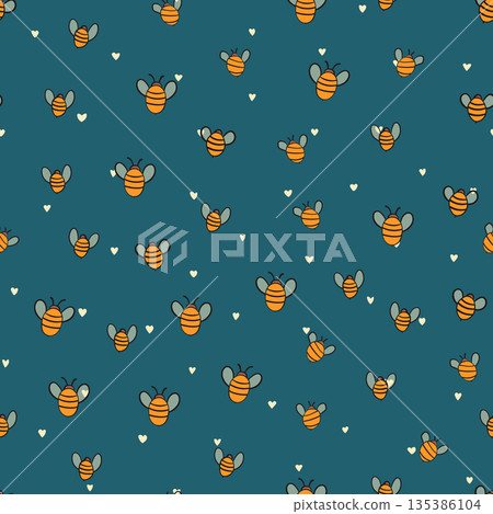 Seamless pattern with bees on color background. Small wasp. Vector illustration. Adorable cartoon character. Template design for invitation, cards, textile, fabric. Doodle style Seamless pattern with bees on color background. Small wasp. Vector illustration. Adorable cartoon character. Template design for invitation, cards, textile, fabric. Doodle style 135386104