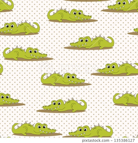Animal seamless pattern with cartoon crocodiles on color background. Cute holiday illustration with crocodile for baby. Design for invitation, poster, card, fabric, textile, wrapper Animal seamless pattern with cartoon crocodiles on color background. Cute holiday illustration with crocodile for baby. Design for invitation, poster, card, fabric, textile, wrapper 135386127