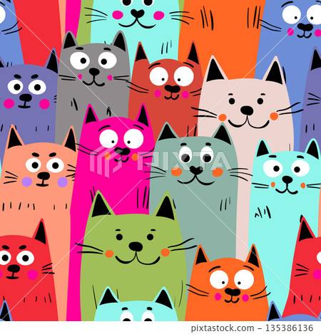Seamless pattern with cute kitten print. Different scandy cats on color background. Scandinavian style illustration for kids. Vector illustration for fabric, textile, wallpaper, home clothing, pajama 135386136
