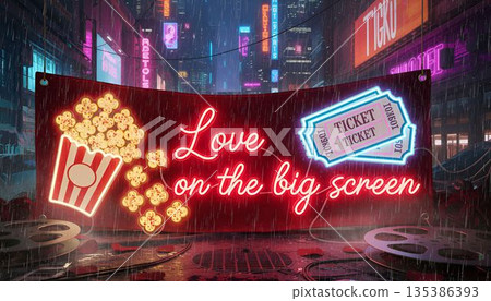 Love on the big screen sign with popcorn and ticket near neon lights in city during rainy night Valentine's Day Love on the big screen sign with popcorn and ticket near neon lights in city during rainy night Valentine's Day 135386393