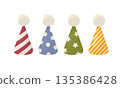 A set of party hats with pom-poms: pink, blue, green, and yellow. Hats with polka dots, stripes, and stars. Flat vector illustration. Decorative elements for party decorations, cards, banners 135386428