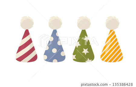 A set of party hats with pom-poms: pink, blue, green, and yellow. Hats with polka dots, stripes, and stars. Flat vector illustration. Decorative elements for party decorations, cards, banners 135386428