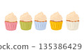 A set of five cupcakes in different colors with a creamy topping. Illustration in a flat vector style with soft tones. Suitable for packaging design, menus, advertising, and bakery branding. 135386429