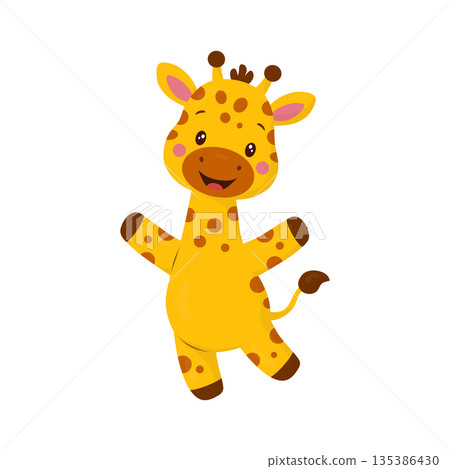 A cute giraffe jumping and smiling. Children's illustration in a flat vector style. This character is perfect for zoos, safari rides, children's parties, birthdays, books, cards, and educational 135386430