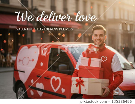 Delivery service offers gifts on Valentine's Day in a city setting during daylight hours 135386496