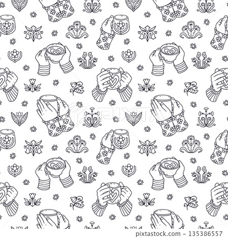 Hygge coffee cups and hands doodle icons seamless pattern. Cozy scandi mugs line art wallpaper Hygge coffee cups and hands doodle icons seamless pattern. Cozy scandi mugs line art wallpaper 135386557