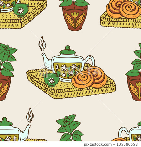 Hygge teapot with cup and pastry on woven rattan tray seamless pattern Hygge teapot with cup and pastry on woven rattan tray seamless pattern 135386558