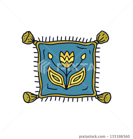 Hand drawn doodle hygge pillow decorated with scandi flower. Line art boho cushion drawing 135386560