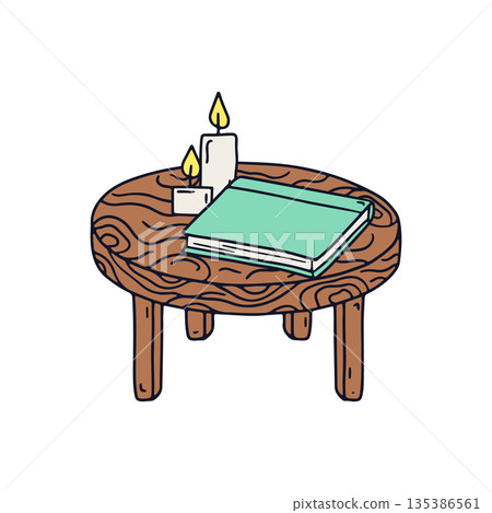 Hand drawn doodle hygge book on a wooden table with candle icon 135386561