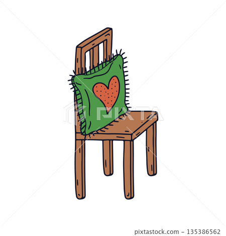 Hand drawn doodle wooden chair with hygge pillow icon. Line art boho stool drawing 135386562