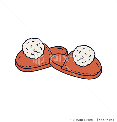 Hand drawn doodle cozy slippers icon. Line art home shoes with pom poms drawing 135386563