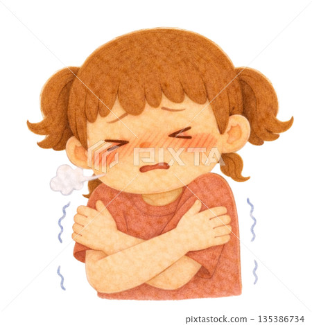【人物】毛氈風格插畫，描繪了一個在寒冷中瑟瑟發抖的女孩 135386734