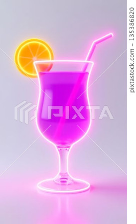 Bright purple cocktail served in elegant glass with lemon slice and straw creates vibrant atmosphere 135386820