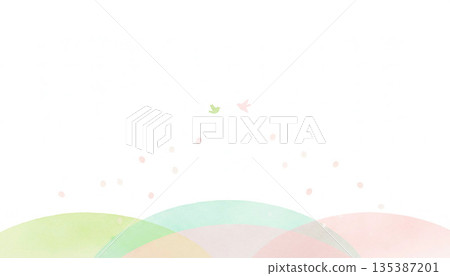 Watercolor spring hills and falling petals background illustration 135387201
