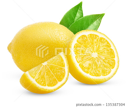 Natural organic lemon fruit and cut in half isolated with green leaf. Lemons and leaves with clipping path. 135387304