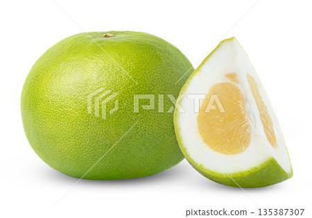 Pomelit or citrus sweetie, oroblanco, pomelo fruit with cut in slice isolated. Green grapefruit sweetie with half of fresh grapefruit sweetie with clipping path. 135387307