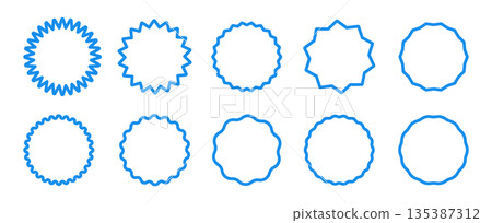 Set of blue curve edge frames. Wavy blue circles. Circle lined borders. Simple round frames. Graphic illustration. Design of blue geometric line. Editable stroke. 135387312