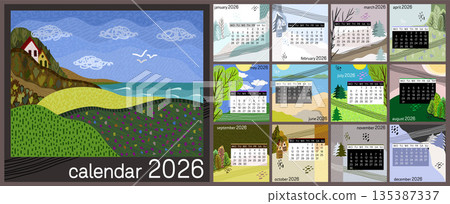 Calendar 2026. Colorful monthly calendar with various landscapes. Week starts on Monday. 135387337