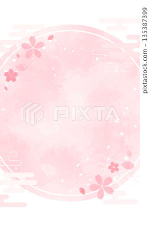 Hand-drawn cherry blossom background and round frame _ no background _ vertical Hand-drawn cherry blossom background and round frame _ no background _ vertical 135387399