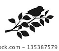 Illustration of a silhouette of a small bird perched on a tree branch 135387579