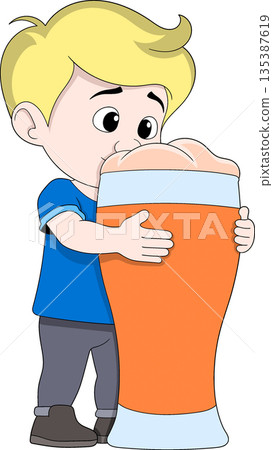 Cute Cartoon Boy Hugging Large Soda Drink Illustration Cute Cartoon Boy Hugging Large Soda Drink Illustration 135387619