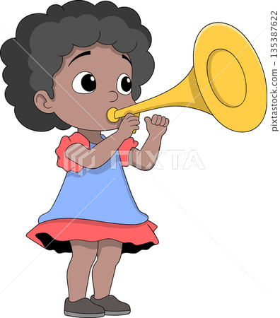 Cute Child Blowing Trumpet Celebration Illustration 135387622