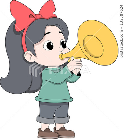 Cute Girl Blowing Trumpet Celebration Announcement Illustration 135387624