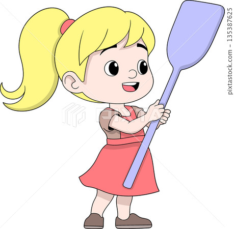 Cute Girl Holding Spatula Cooking Hobby Illustration 135387625