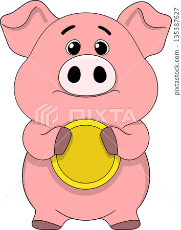 Cute Pig Holding Gold Coin Investment Illustration 135387627