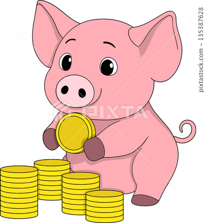 Cute Piggy Bank Gold Coin Long Term Investment Illustration 135387628