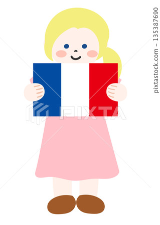 孩子雙手拿著法國國旗 135387690