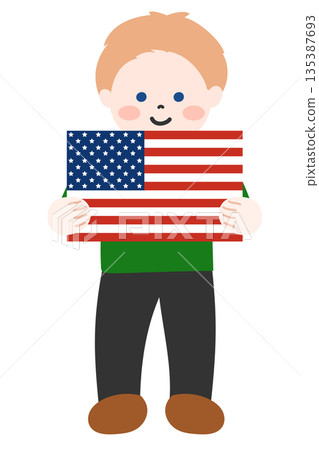 孩子雙手拿著美國國旗 孩子雙手拿著美國國旗 135387693