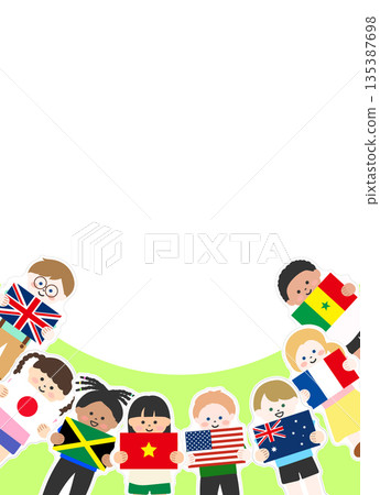Vertical background frame of children around the world holding national flags 135387698