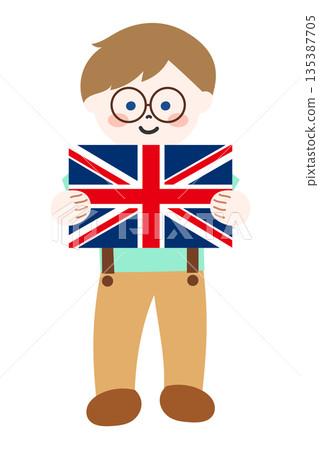 一名兒童雙手拿著英國國旗 135387705