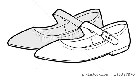 Mary Jane flat shoe women sketch pair. Strap front pointed toe footwear smart casual office outfit. Technical fashion 135387870