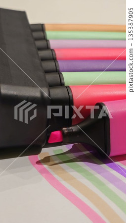 Colorful Highlighter Markers on a White Surface Colorful Highlighter Markers on a White Surface 135387905