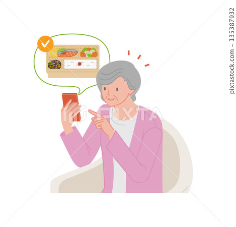 A smiling senior woman choosing a delivery lunch box delivery service on her smartphone and ordering by phone A smiling senior woman choosing a delivery lunch box delivery service on her smartphone and ordering by phone 135387932