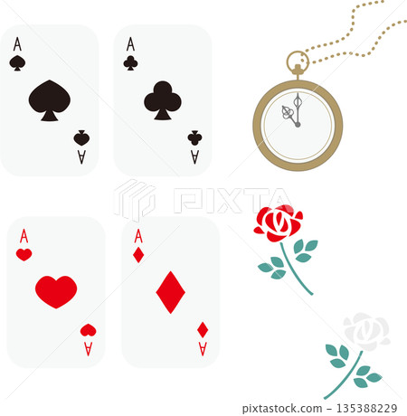 一套可愛的插畫，圖案包括玫瑰、懷錶和撲克牌。 135388229