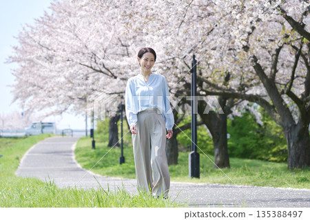 Cherry blossoms in full bloom and a woman walking along a promenade 135388497